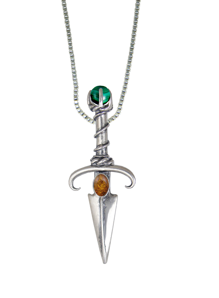 Sterling Silver Black Prince's Knife Dagger Pendant With Amber And Malachite